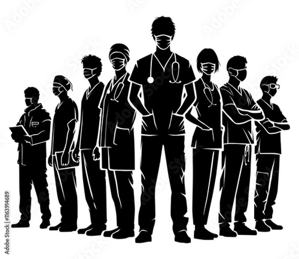 Fototapeta Silhouette group of doctor and nurse vector. Element design for poster, business advertising, backdrop, banner. Eps 10