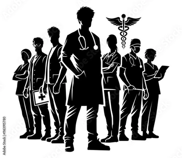 Fototapeta Silhouette group of doctor and nurse vector. Element design for poster, business advertising, backdrop, banner. Eps 10
