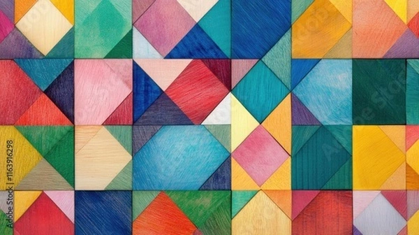 Fototapeta Colorful wooden geometric blocks pattern background, montessori and autism concept, Generative Ai
