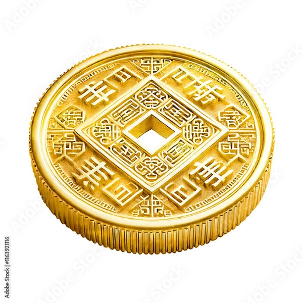 Fototapeta A 3D-rendered Chinese gold coin with intricate traditional patterns and a square cutout center, isolated on white background. Clipping path included. Designed using generative AI for cultural themes.