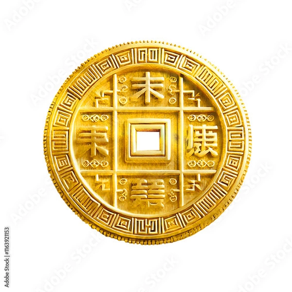 Fototapeta A 3D-rendered Chinese gold coin with intricate traditional patterns and a square cutout center, isolated on white background. Clipping path included. Designed using generative AI for cultural themes.