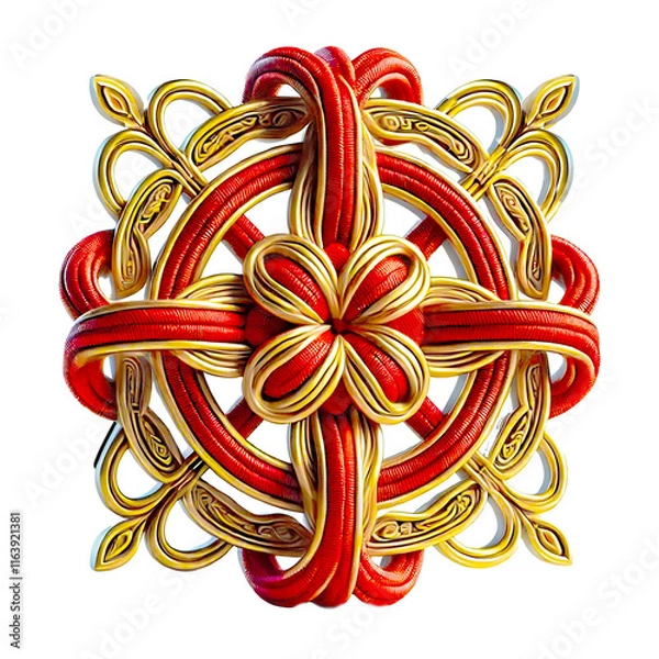Fototapeta A 3D-rendered decorative knot featuring interwoven red threads and golden accents in a symmetrical floral design, isolated on white background. Clipping path included. Created using generative AI.