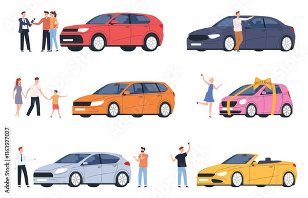 Fototapeta Vector illustration of car purchase and rental concept with cars, price tags, keys, and contract documents on a clean background. Ideal for automotive and business themes. Vector illustration