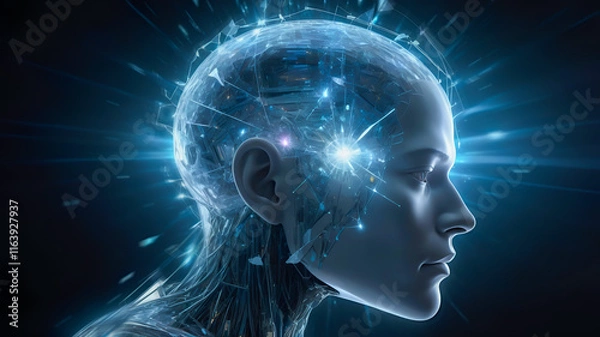 Fototapeta A translucent human head, with glowing crystal shards being transferred into a futuristic storage device, emitting radiant beams of light and data streams. Digital consciousness concept