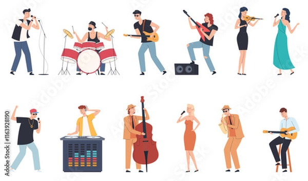 Fototapeta Musicians and singers. Different styles of music. People playing different instruments. Music festivals. Vector illustrations