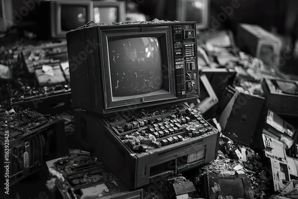 Fototapeta A Damaged Vintage Computer System Amidst Debris