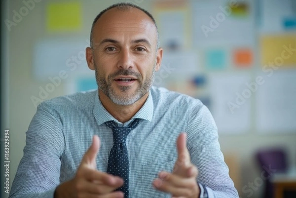 Fototapeta Confident business man looking at camera talking about company strategy and business plan, explaining corporate success, Generative AI