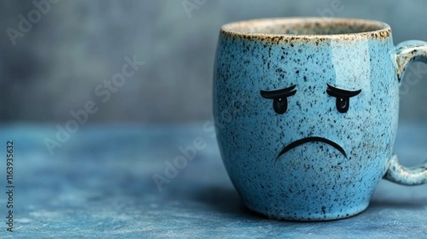 Fototapeta closeup of a blue mug, with a sad face drawn in it, and the text blue monday on a blue background. Copy space.
