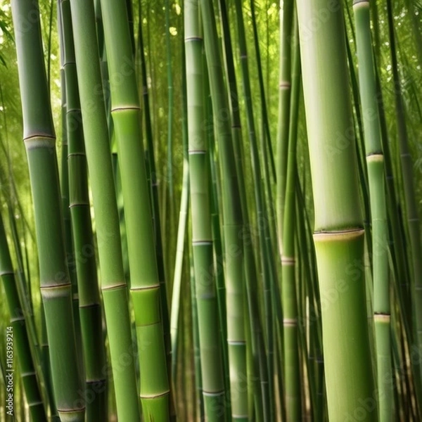 Fototapeta A dense grove of tall, slender bamboo stalks bathed in warm sunlight, creating a serene and tranquil scene.
