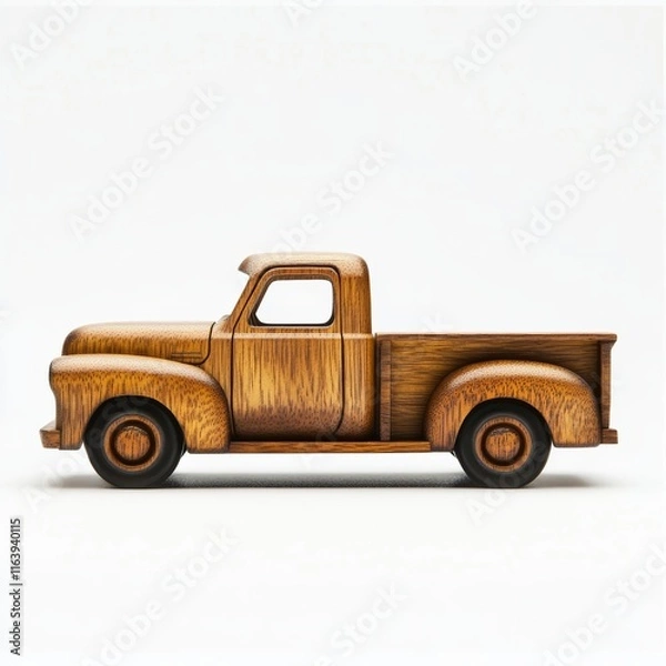 Fototapeta A smooth wooden pickup truck with visible grain patterns, standing out against a bright white backdrop