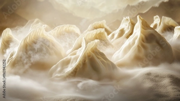 Fototapeta Delicate dumplings resembling misty mountain peaks in soft light