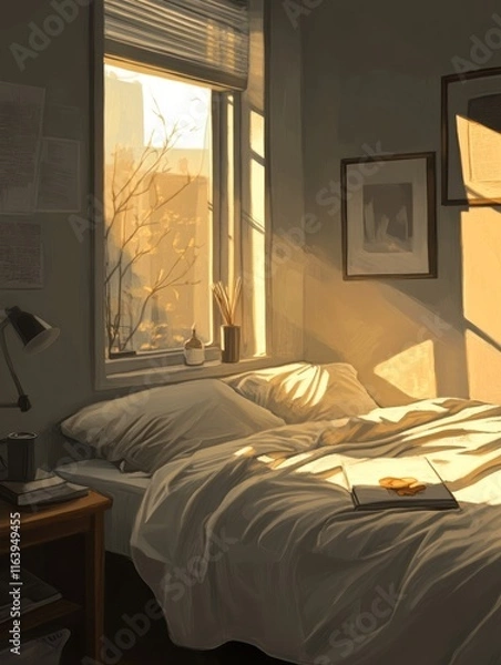 Fototapeta Sunlit Bedroom Scene With A Made Bed And Window
