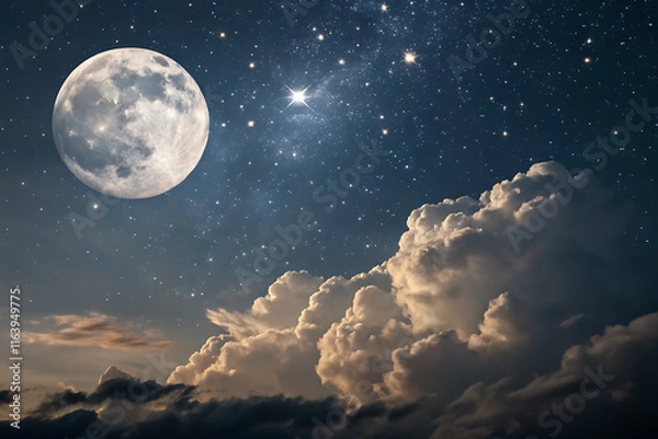 Fototapeta Captivating full moon illuminating clouds and stars in night sky, sky with moon and clouds