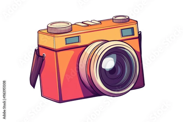 Fototapeta A stylized illustration of a vintage camera featuring a large lens and distinct controls, showcasing a vibrant orange color.