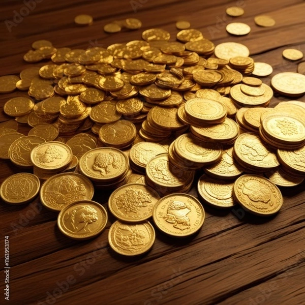 Fototapeta A vast treasure trove of glistening gold coins scattered across a wooden surface, creating a scene of wealth and abundance.