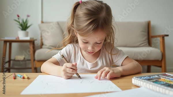 Fototapeta Little Girl Works on Drawing at Table in Minimalist Room