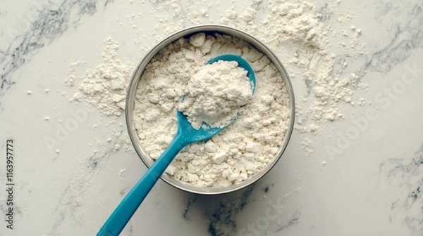 Fototapeta Close-up of powdered baby formula with a blue measuring spoon on a clean light surface. Nutritional supplement for infant feeding and care. Essential baby product in a kitchen setting
