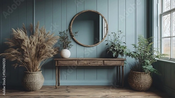 Fototapeta Rustic Interior Design  Console Table  Plants  Mirror