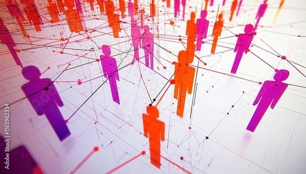 Obraz A series of bright colored figures in red, purple, and orange, linked by thin black lines, forming a complex digital network on a white background