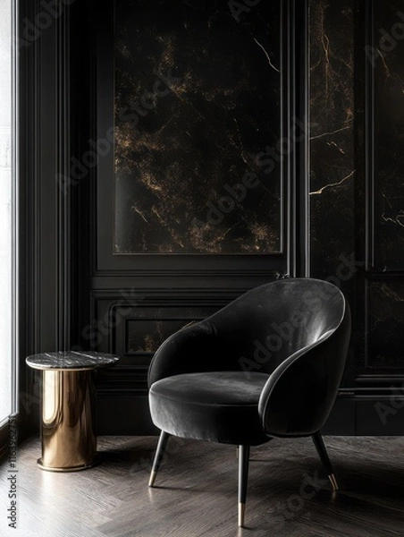 Fototapeta Black Velvet Chair in a Dark Gold Decorated Room