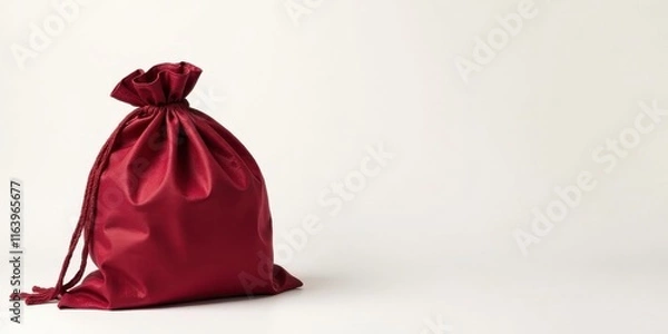 Fototapeta A rich crimson drawstring bag sits elegantly on a plain white background, ideal for showcasing product placement or conveying a sense of luxury and gifting
