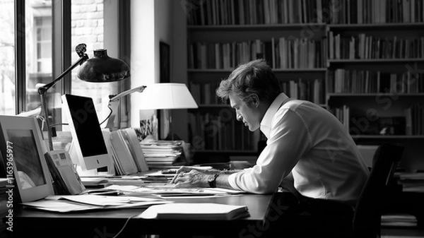 Fototapeta Focused Man Working at a Desk in Black and White