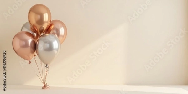 Fototapeta A cluster of metallic rose gold and silver balloons tied together with a ribbon rests on a neutral beige surface against a minimalist backdrop.