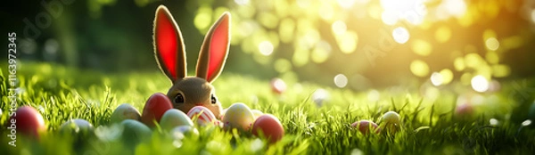 Fototapeta bunny ears hiding behind pile of easter eggs in grass with spring background