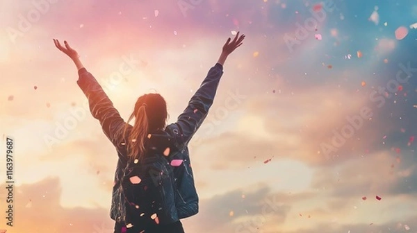 Fototapeta A young woman standing in a happy mood. Representing wonderful life, hope and positive future. The vibrant golden hues of the setting sun illuminate the scene.