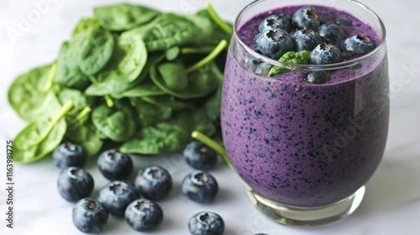 Obraz A vibrant blueberry smoothie garnished with fresh spinach leaves.