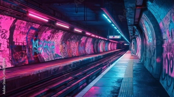 Obraz A futuristic subway station with graffiti-covered walls and neon lights reflecting off the tracks