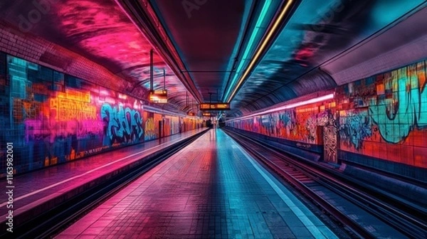 Obraz A futuristic subway station with graffiti-covered walls and neon lights reflecting off the tracks