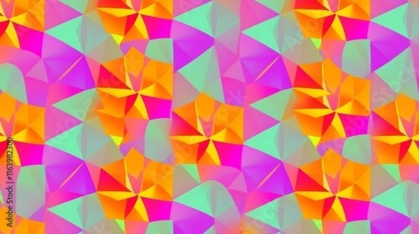 Fototapeta Abstract Geometric Pattern: A vibrant and mesmerizing geometric pattern featuring a seamless blend of orange, pink, and green hues. This dynamic design showcases the interplay of shapes and colors.