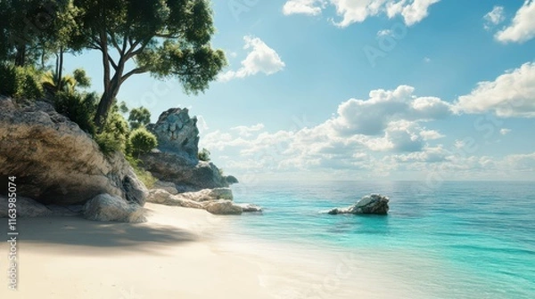 Obraz Serene Beach Landscape with Lush Greenery and Clear Waters