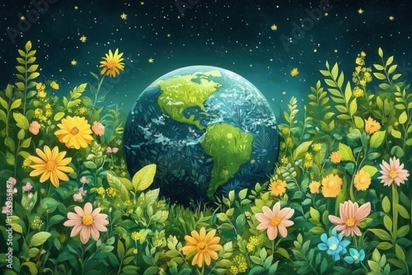 Fototapeta vibrant earth illustration celebrating arbor day, showcasing a lush green planet with diverse trees and vibrant foliage, symbolizing environmental awareness and appreciation