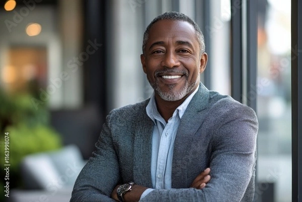 Fototapeta business businessman office mature middle aged meeting man portrait corporate manager smiling black businessperson, created with ai, Generative AI