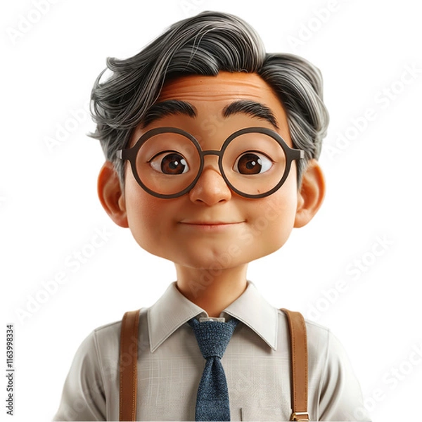 Fototapeta A cheerful 3D render cartoon depiction of an older Asian man wearing round glasses