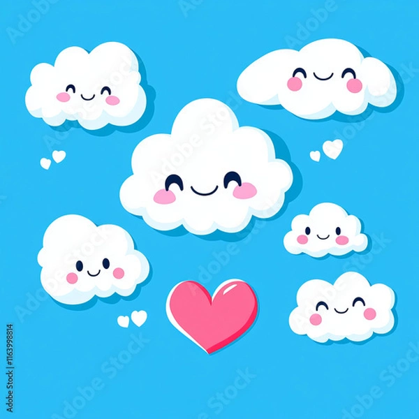 Fototapeta A collection of cartoon-style clouds in playful shapes, including heart motifs, set against a light blue background. The whimsical design adds charm to creative projects.