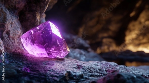 Fototapeta Glowing Purple Crystal in Natural Cave Setting with Sparkling Effects