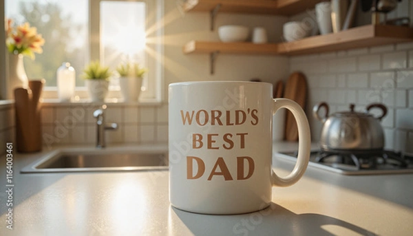 Obraz Coffee mug with "World's Best Dad" in bright kitchen setting