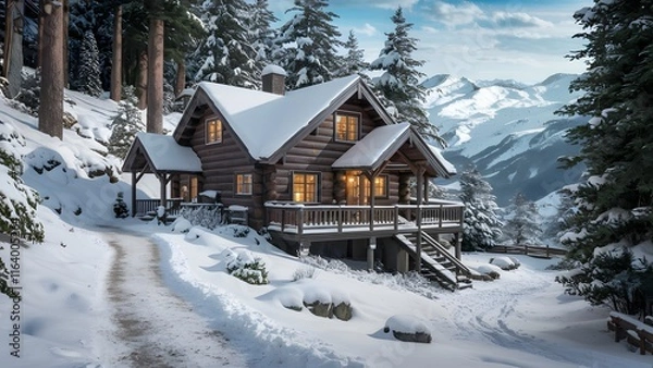 Fototapeta A peaceful cabin nestled under the shadow of towering snow-covered mountains, with soft snow on the ground.
