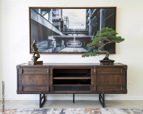Fototapeta consoles styled with a large sculpture and a bonsai tree