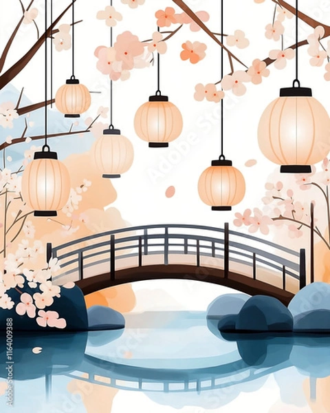 Obraz a springtime bridge over a small pond with minimalist, geometric lines. Lanterns hang along the bridge, glowing softly in a pastel palette of light blue, pink, and peach.