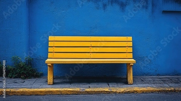Fototapeta A vibrant yellow bench against a blue wall, inviting rest and relaxation in a colorful setting.