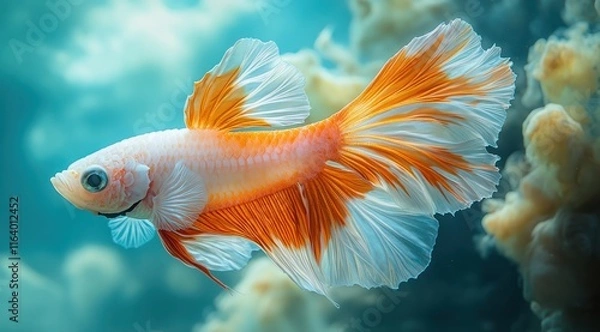 Fototapeta Halfmoon betta fish with orange and white fins swimming in an aquarium.