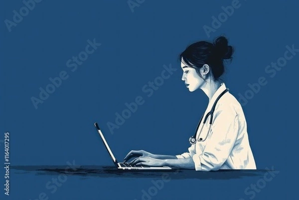 Fototapeta An Asian woman doctor in a white coat working on a laptop with a stethoscope, demonstrating professionalism and determination in a minimalistic blue background.