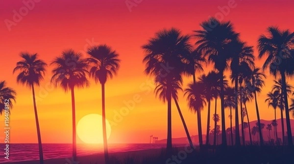 Fototapeta Silhouette palm trees at sunset over the ocean. Vivid colors of orange, red, and yellow.