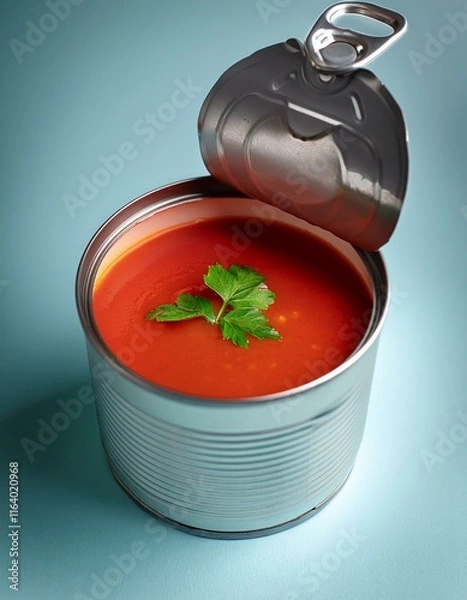 Fototapeta A can of vibrant tomato soup garnished with fresh parsley.