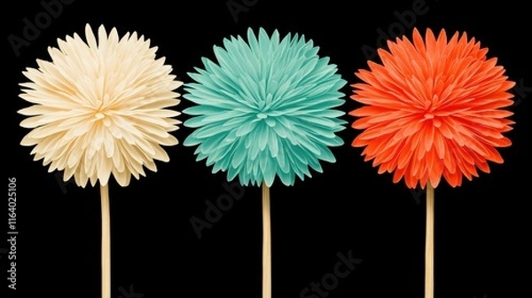 Fototapeta Colorful decorative paper flowers on sticks against black background