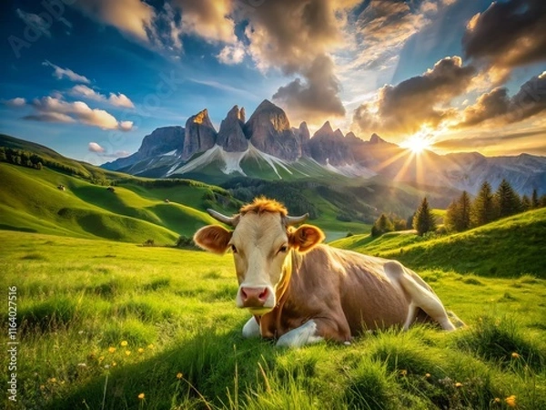 Fototapeta Serene Cow Grazing in Seiser Alm's Alpine Meadow